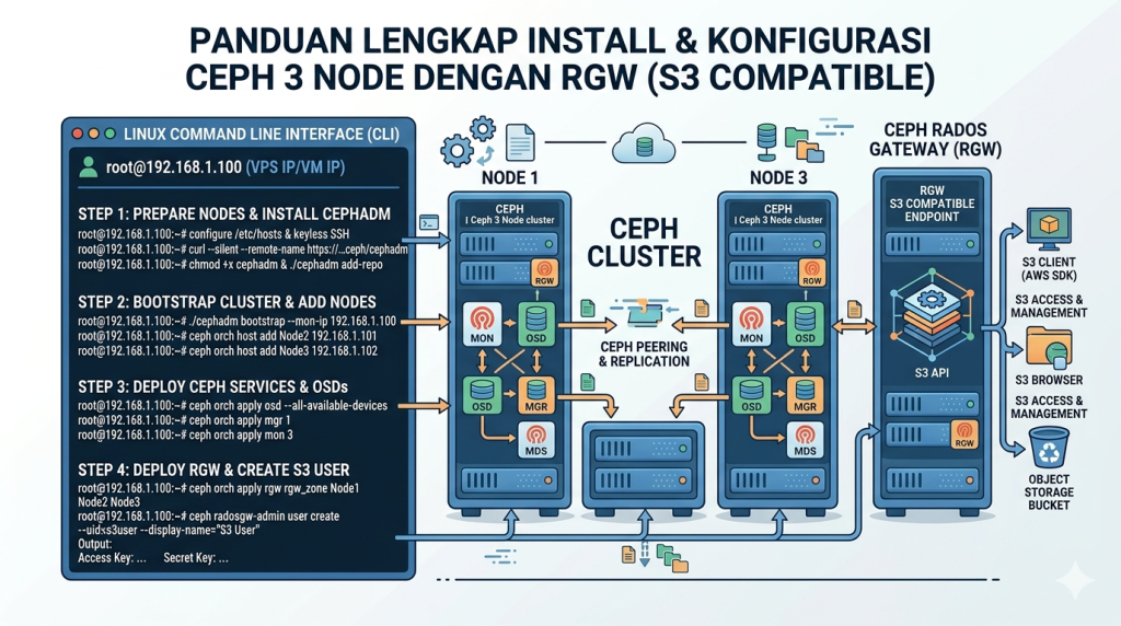 Panduan Lengkap Install & Konfigurasi Ceph 3 Node dengan RGW (S3 Compatible)